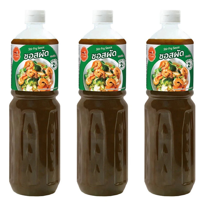 Three bottles of J-LEK Stir-Fry Sauce 550g each, showing the colorful label and transparent bottle for flavorful Asian cooking.
