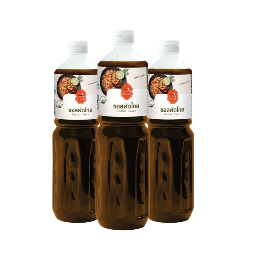 J-LEK Pad Thai sauce in a 1150g plastic bottle, pack of three bottles, with label and squeeze cap visible.