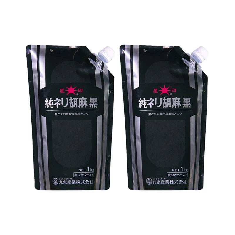 KUKI SANGYO black sesame paste with roasted Japanese black sesame seeds in two 1kg packs, creamy and rich in texture.