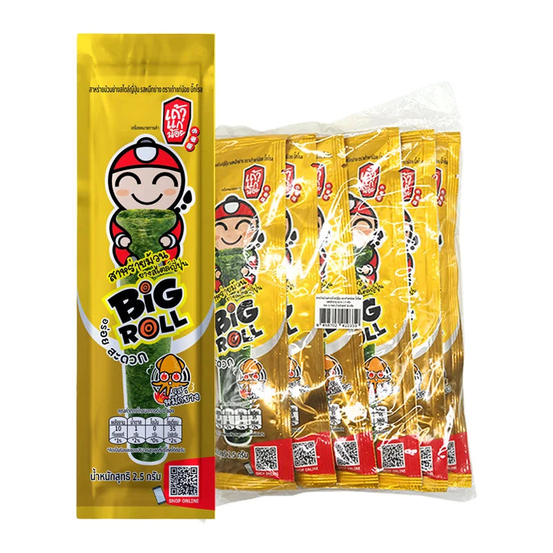 TAOKAENOI grilled seaweed and squid snack, 2.5g per piece, 12-pack, crispy and savory seafood snack shown in the image.