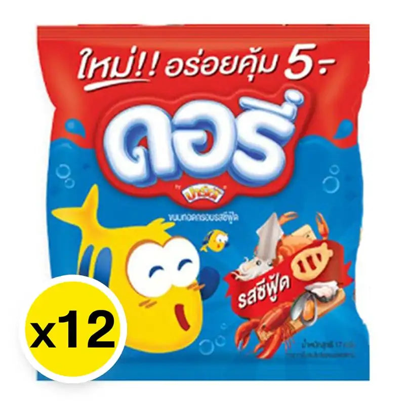 Party Dory extruded seafood snack pack, 17g x 12 pieces, with crispy golden fish shaped pieces in a colorful package.