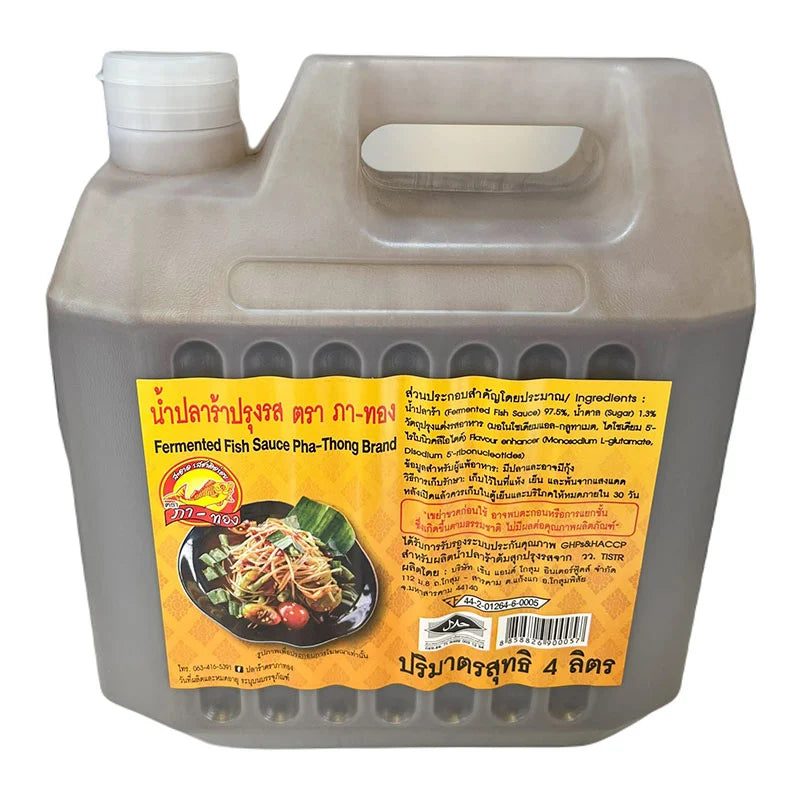 Fermented fish in a 4-liter container from PA-THONG, showing the product's label and the transparent container filled with fermented fish.
