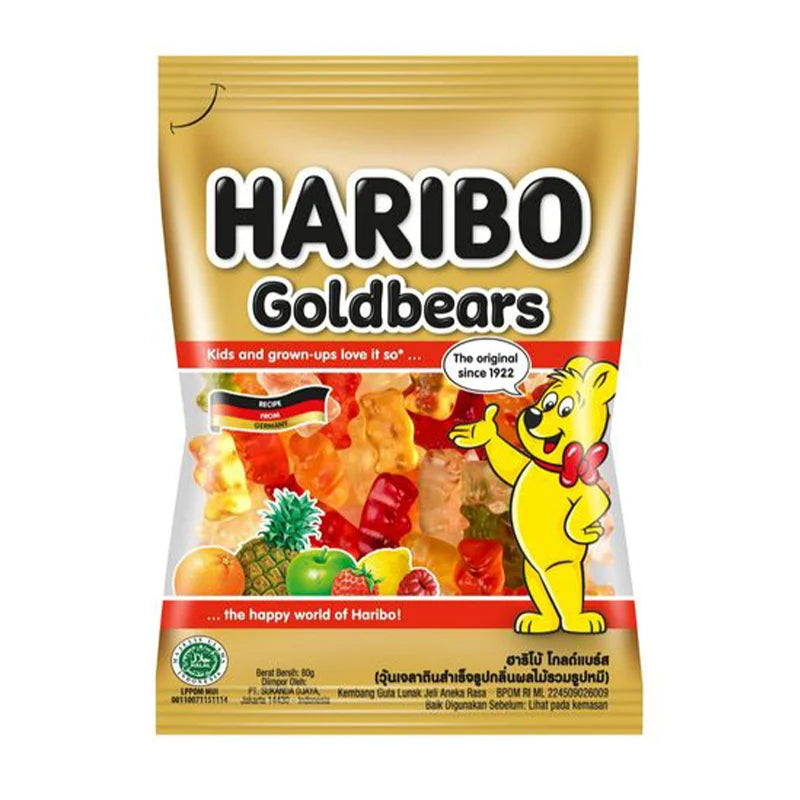 Colorful HARIBO Gummy Gold Bears in a clear bag, showcasing bright yellow, red, green, and orange gummy bear candies.