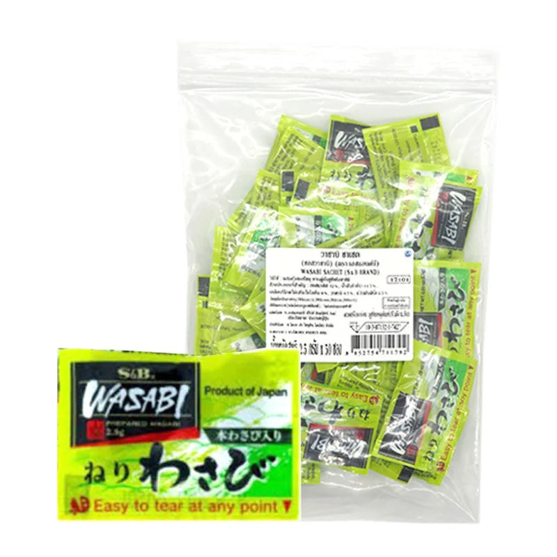 S&B Wasabi mini pack with 50 sachets, each 2.5g, showing bright green wasabi paste in individual packets