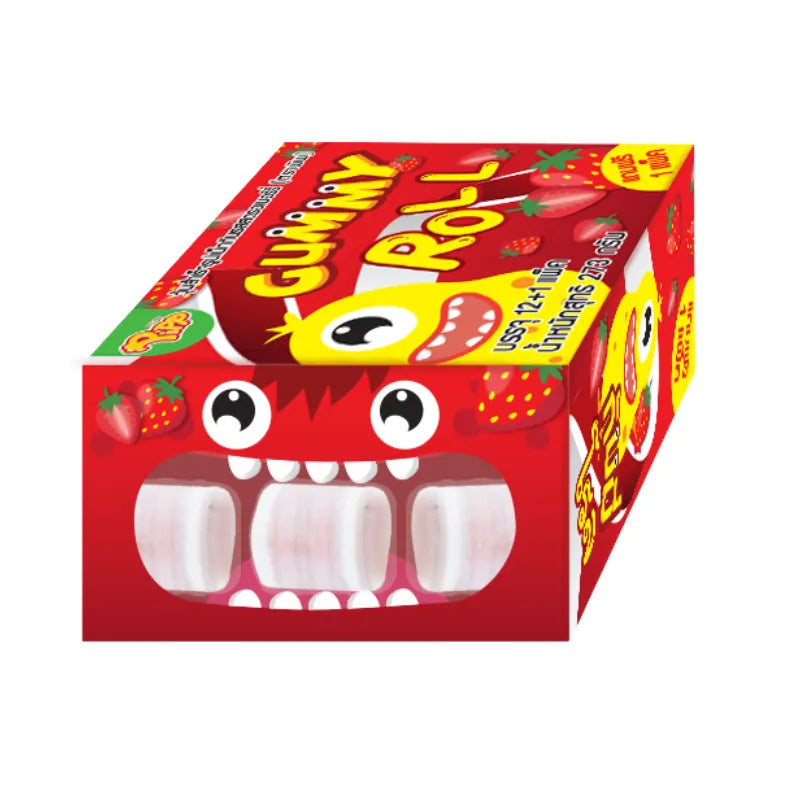 PIPP Pipp Strawberry Flavor Gummy Roll 21g, 12-pack, showing colorful strawberry gummies in a clear plastic wrapper.