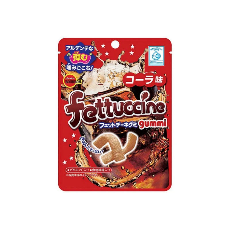 BOURBON Fettuccine Gummy Cola flavor with lemon juice, ginger, cinnamon, 50g packs, Japanese candy with colorful gummy strips