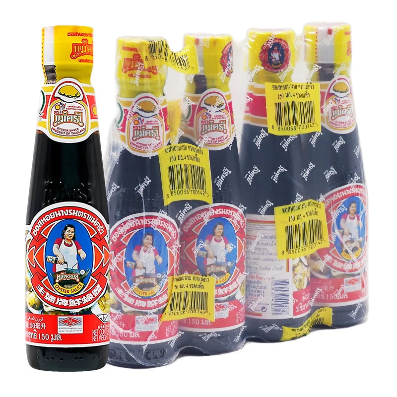 Bottle of MAEKRUA Oyster Sauce 150 ml, showcasing the dark, savory sauce in a clear glass bottle with a white cap.