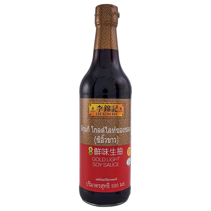 Bottle of Lee Kum Kee Premium Light Soy Sauce 500 ml with a clear label and dark soy sauce inside, on a neutral background.