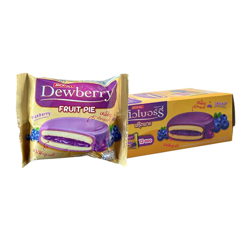 Dewberry Blueberry Fruit Pie Coating 18.5g packs, 12 pieces, with fresh blueberries and pie filling on a baking tray.