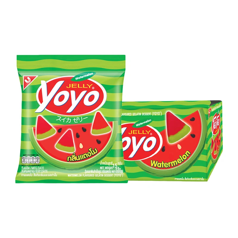 YOYO Gummy Watermelon flavor, 15g packs, showing colorful watermelon-shaped gummies in a clear container.