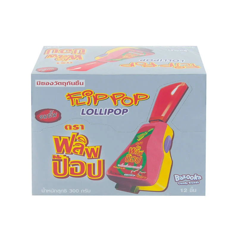 Pack of 12 FLIP POP Fruity Blackcurrant Cola Strawberry candy bags, showing colorful candies and branding on the packaging.
