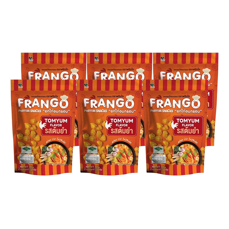 FRANGO Chicken Protein Snack in Tomyum flavor, 22g pack, displayed in a multi-pack container with six snacks side by side.