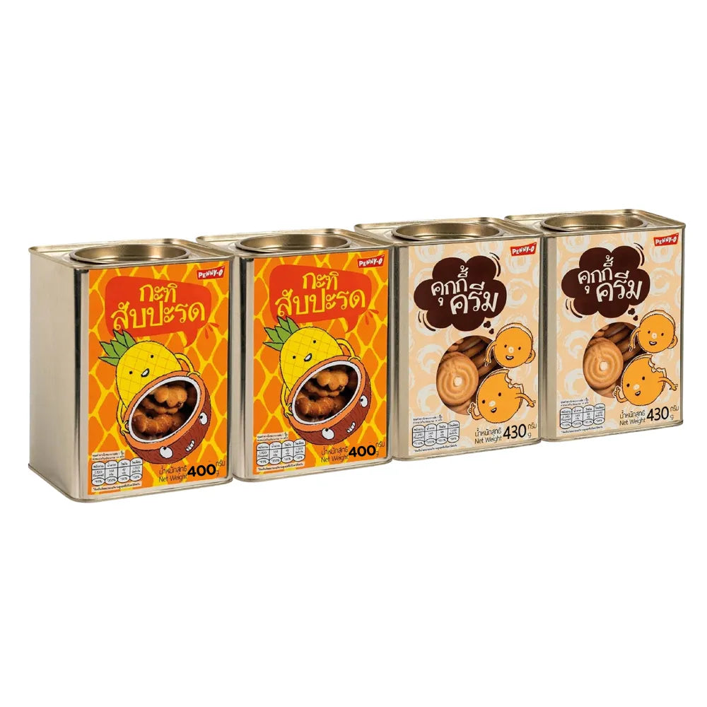 PENNYO coconut pineapple snack 400g and cookie cream-filled snacks 430g x 4, assorted tropical-flavored treats on a white background.