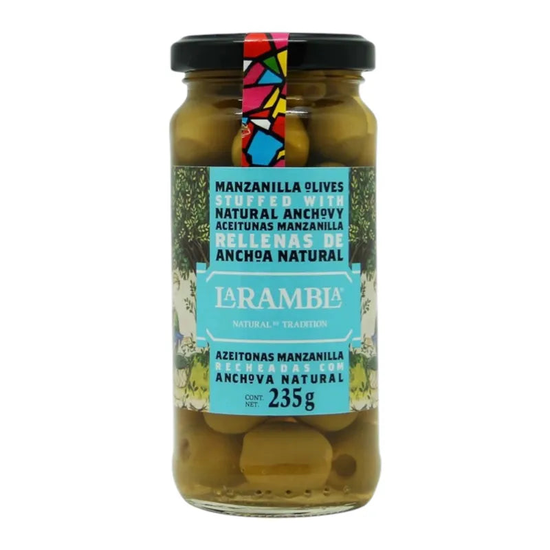 La Rambla Manzanilla green olives stuffed with anchovies in a 235g jar, showcasing the olives and stuffed filling.