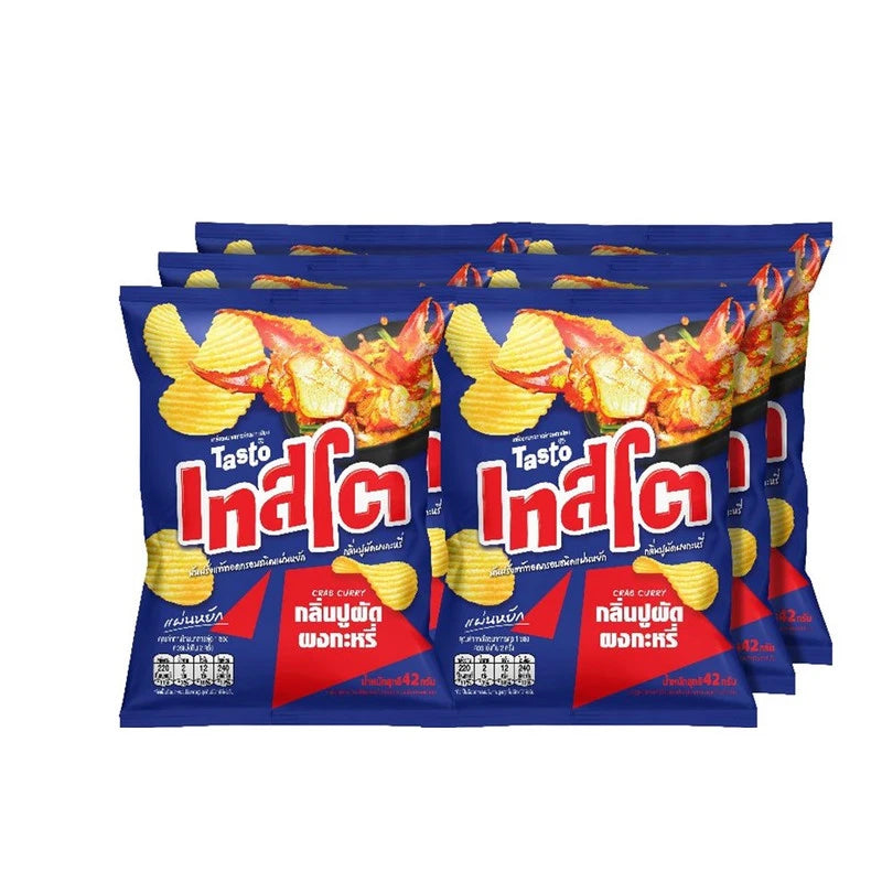 TASTO crispy potato chips with crab stir-fried in curry powder, 42g pack, shown in a green bag with vibrant seafood and curry flavor imagery.