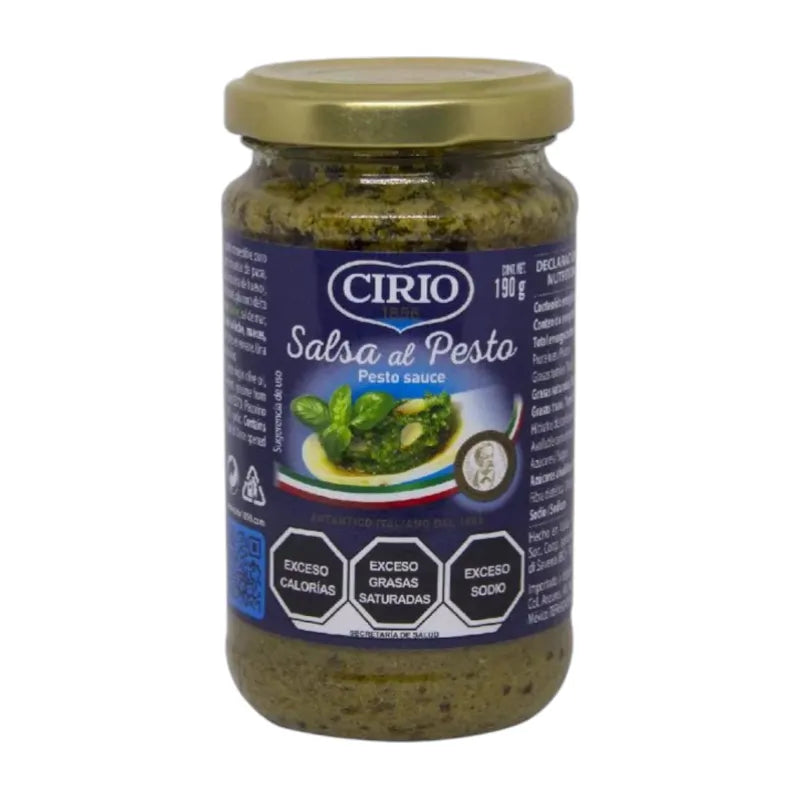 CIRIO Pesto Sauce 190g jar with green basil and pine nuts, ready to serve over pasta or as a flavorful spread.