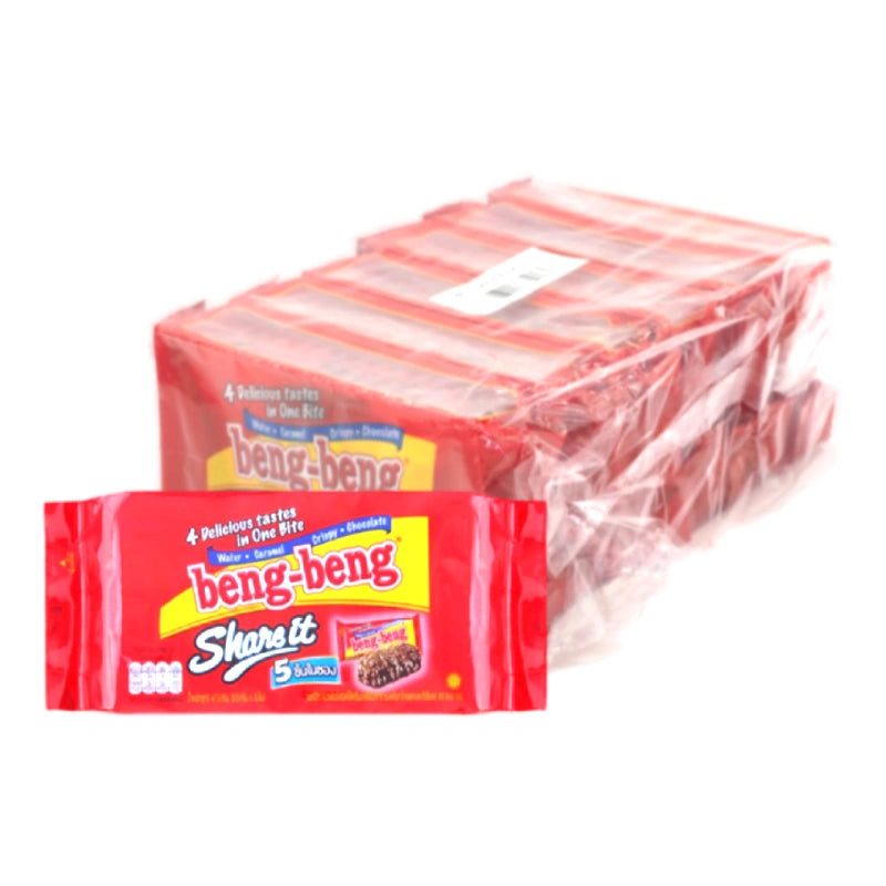 BENG BENG Wafer Share It 40g pack, showing stacked chocolate-covered wafer bars with creamy filling, ready to share.