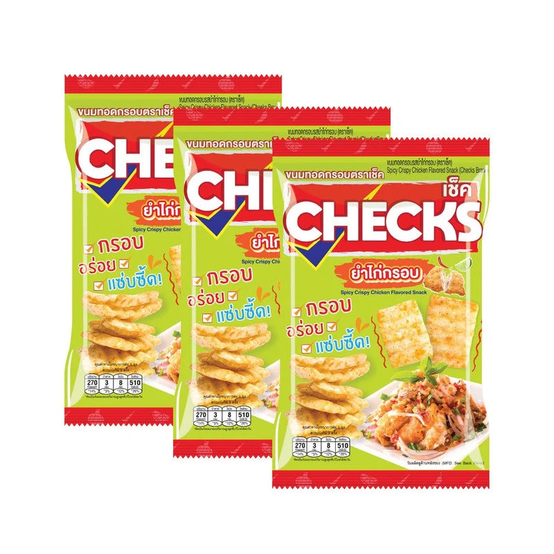 Checks Spicy Crispy Chicken Flavored Snack, 60g x 3 packs, showing crispy, spicy chicken-flavored snack pieces in a colorful bag.