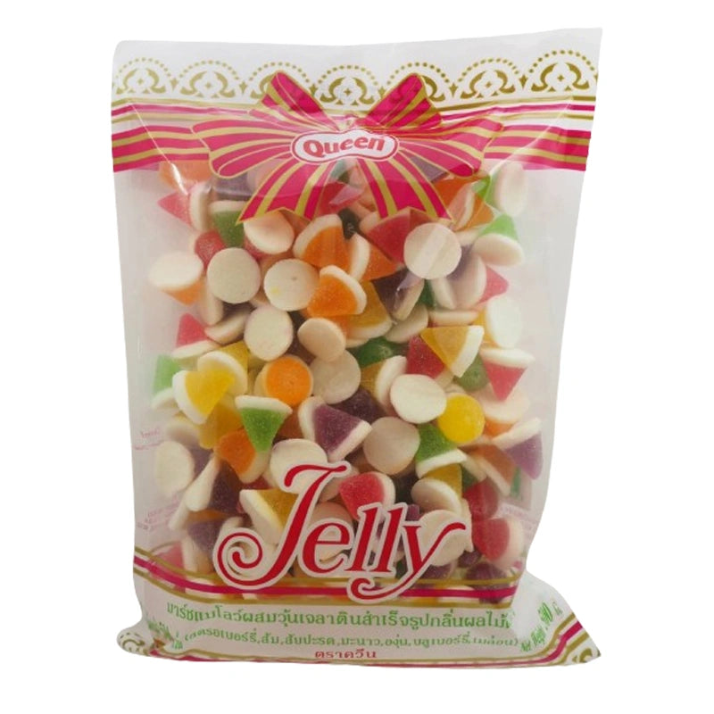 Queen Jelly Pyramid 500g jar with clear lid showing layered, golden jelly dessert in a glass container.