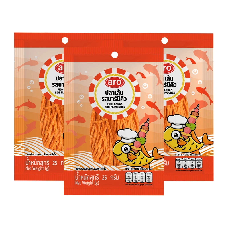 ARO BBQ flavor fish snack, 25g x 3 packs, showing crispy, seasoned fish snack pieces in bright packaging.