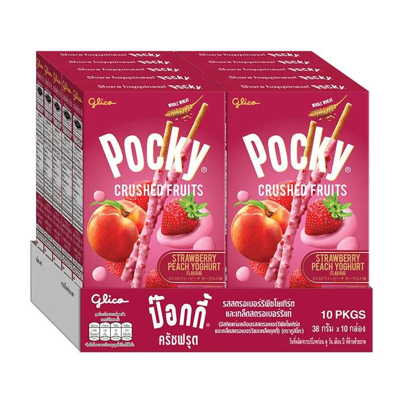 POCKY Crushed Fruit Strawberry Peach Yoghurt Snack Sticks in 38g pack, showing crispy biscuit sticks coated with fruity yogurt flavor