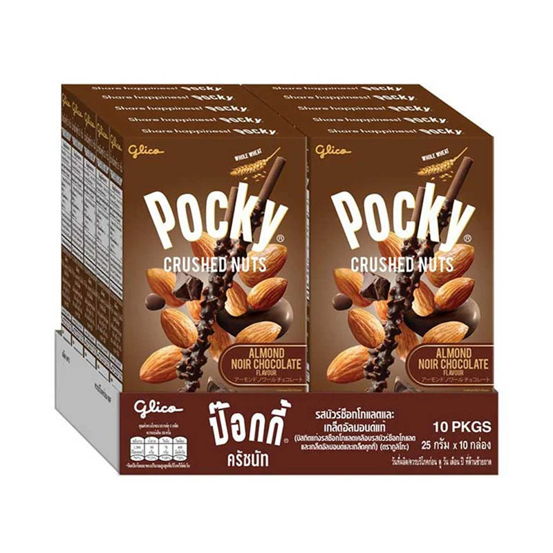Glico Pocky crushed nuts noir chocolate biscuit sticks in 25g packs, showing chocolate-coated biscuit sticks with crushed nut toppings.