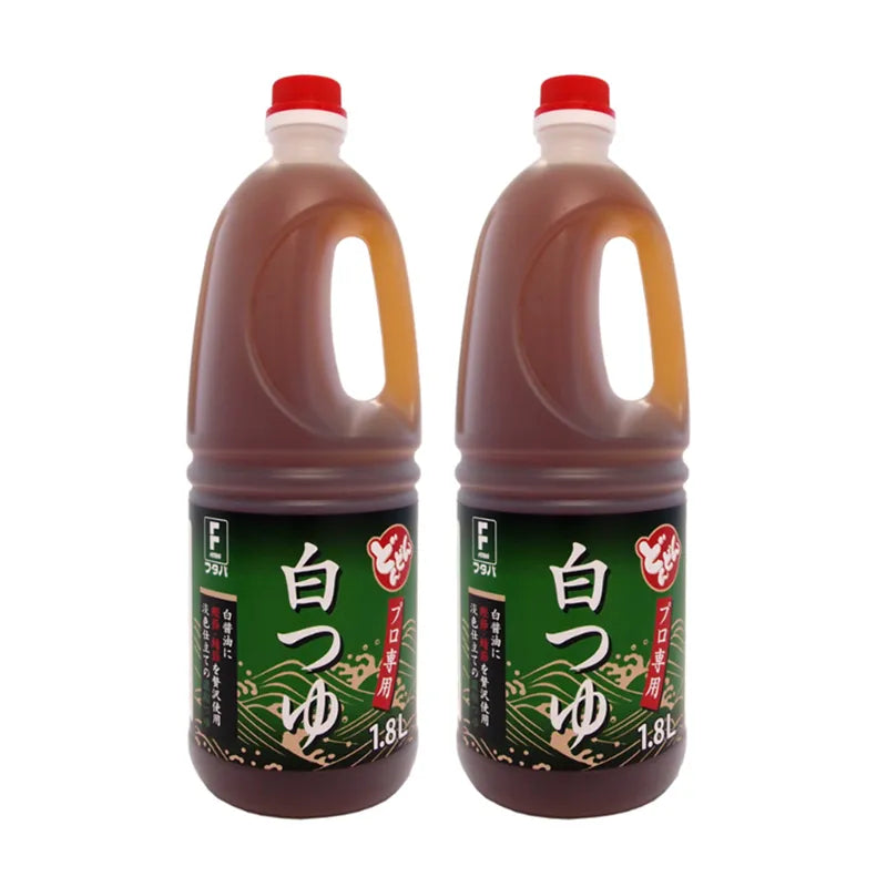 FUTABA Dashi Shiro Tsuyu Bonito Sauce with White Soy Sauce in 1.8L bottles, made in Japan, showing the bottles and labels.