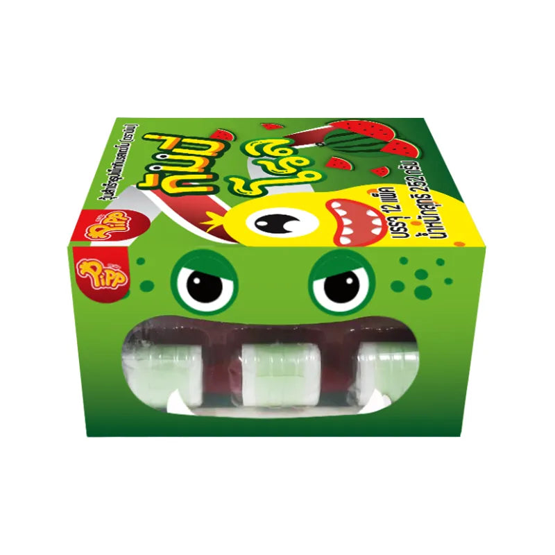 PIPP Watermelon flavor gummy roll, 21g, showing colorful chewy candy pieces in a transparent wrapper.