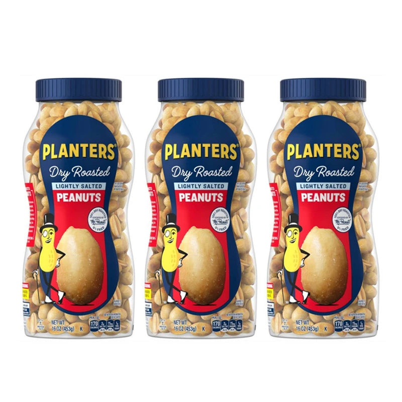 PLANTERS Dry Roasted Lightly Salted Peanuts in 453g bags, made in the USA, shown in a three-pack of snack jars.