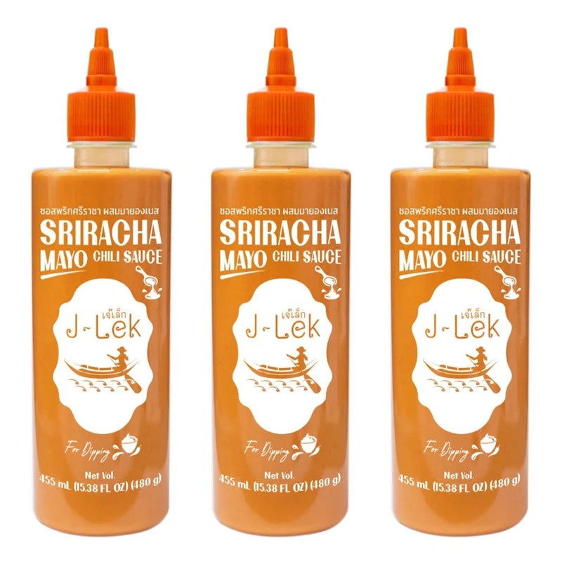 J-LEK Sriracha Chili Sauce with Mayonnaise, 490g bottles, creamy spicy condiment in a pack of three.