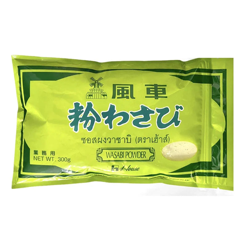 HOUSE Wasabi Powder 300g jar, bright green spice with a smooth texture, used for Japanese cuisine and sushi dishes.