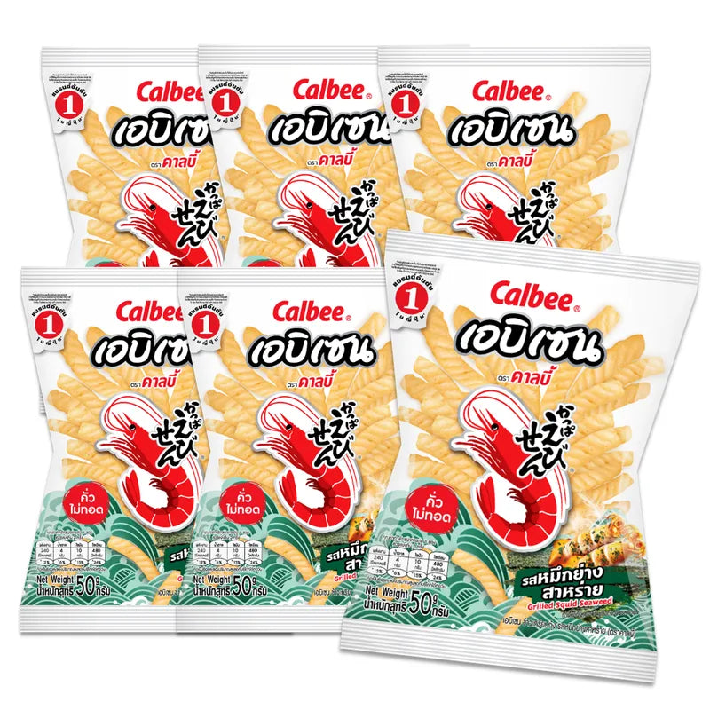 Calbee Grilled Squid Seaweed Flavored snack, 50g pack, showing the seasoned squid and seaweed flavoring on the crispy snack