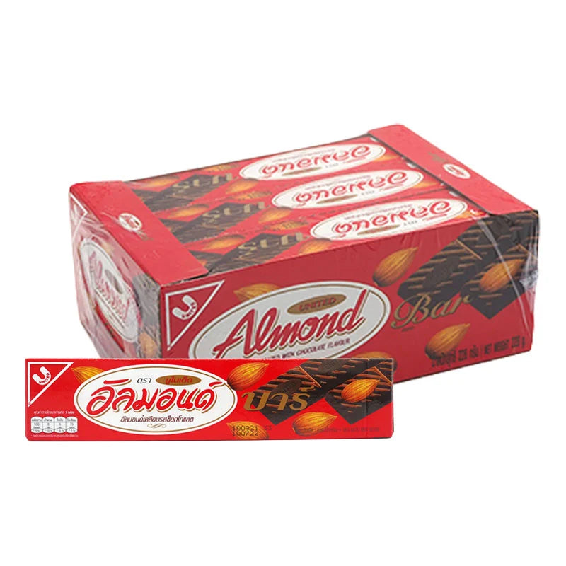 United Almond Almond Bar 19g, close-up of a nutritious snack bar with almonds and chocolate, in a clear wrapper.