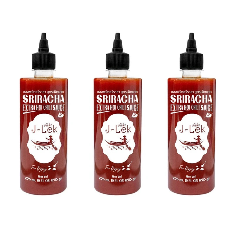 Six bottles of J-LEK Sriracha Chili Sauce, extra spicy, 255g each, featuring red chili peppers and classic Sriracha packaging.