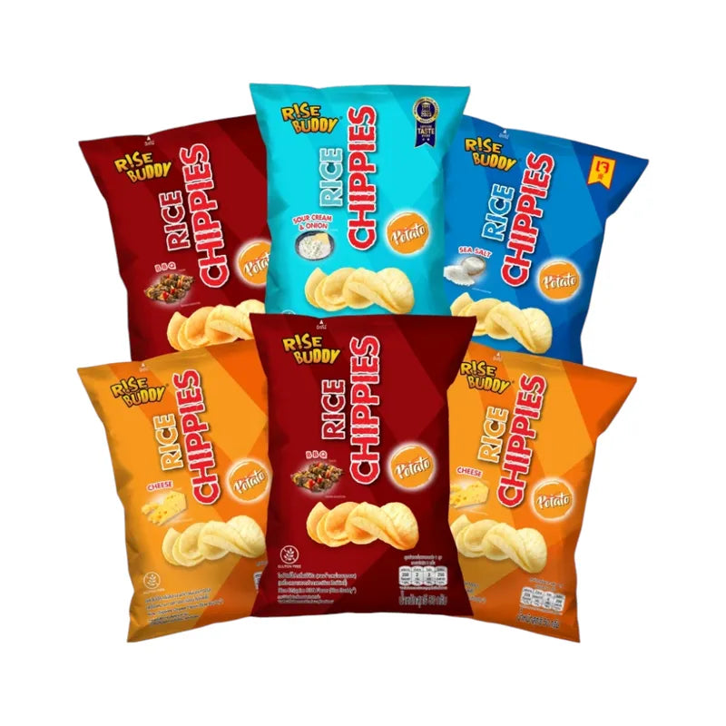 RISE BUDDY Healthy Baked Rice Chips in 4 flavors, 6 sachets, halal and FDA approved, crispy snack with colorful chips.