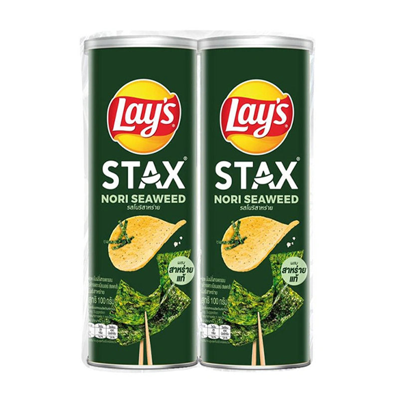 Lay's Stax Potato Chips with Nori Seaweed flavor in 100g packs, featuring crispy potato chips with seaweed seasoning.