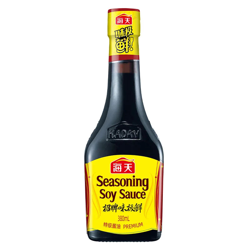 HADAY Seasoning Soy Sauce 380ml bottle with dark liquid inside, ideal for culinary use and enhancing Asian dishes.
