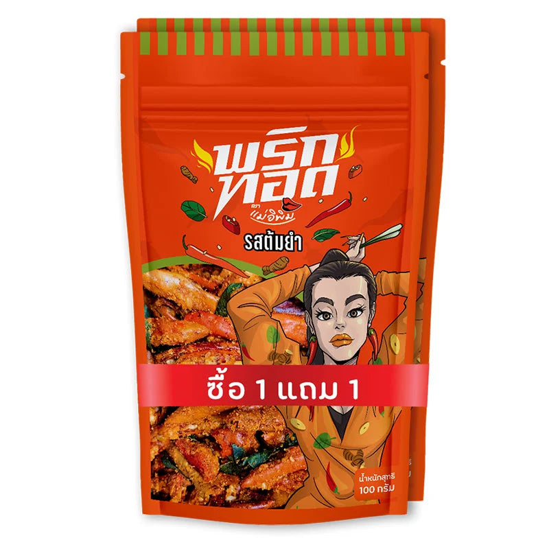 MAE E PIM Chili Snacks Tomyum Flavor 100g, crispy spicy snack with vibrant packaging featuring chili and tomyum ingredients.