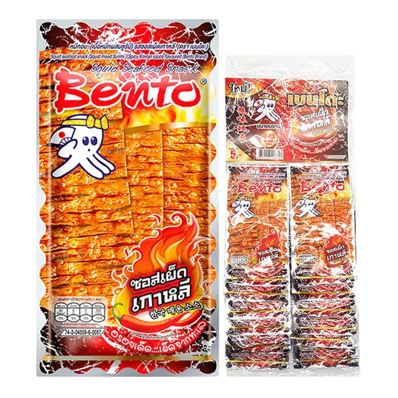 BENTO Squid Seafood Snack with Korean Spicy Sauce, 4g, 12 pieces, showcasing spicy squid snack packaging and contents
