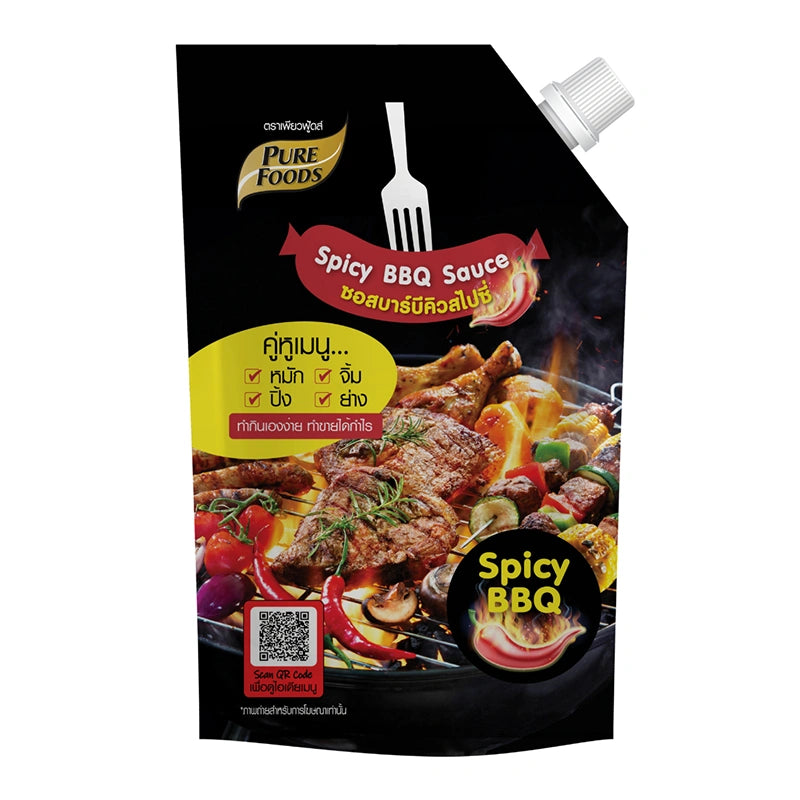 Bottle of PURE FOODS Spicy BBQ Sauce in 800g squeeze bottle with label visible, ideal for grilling and adding flavor to dishes.