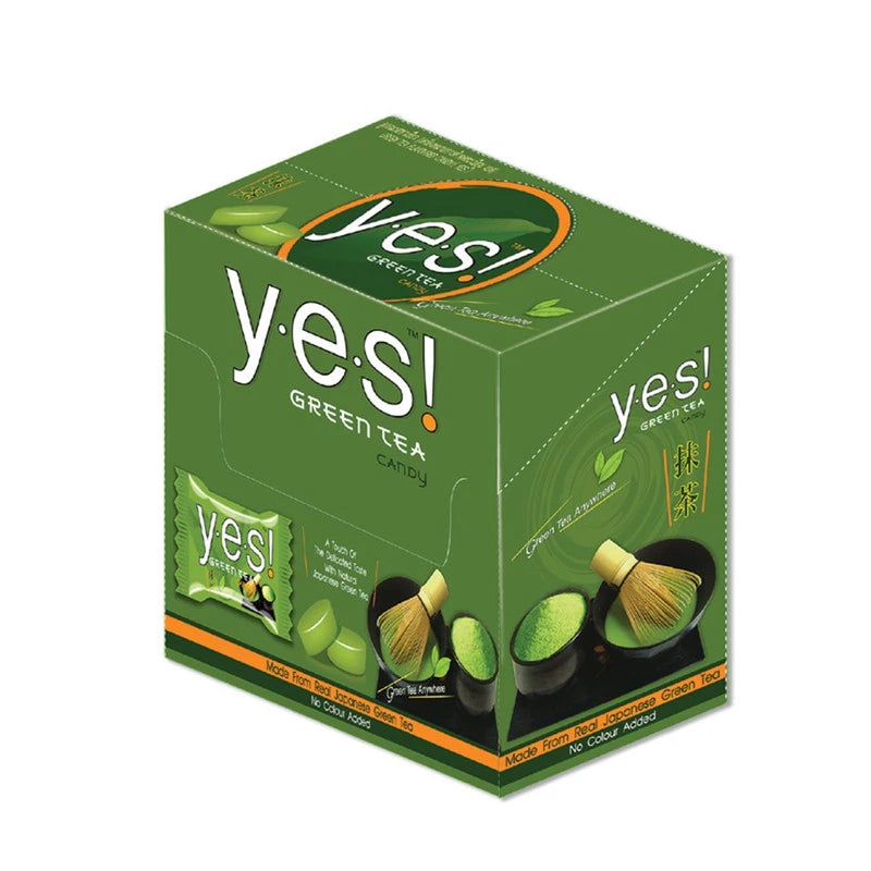 YES! Candy Green Tea flavor, 36g pack, showing colorful individually wrapped candies in a clear container.