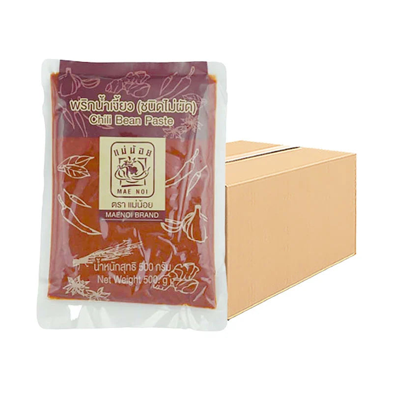 Mae Noi Chili Bean Paste 500g jar, showing the label and packaging for this spicy Asian condiment.
