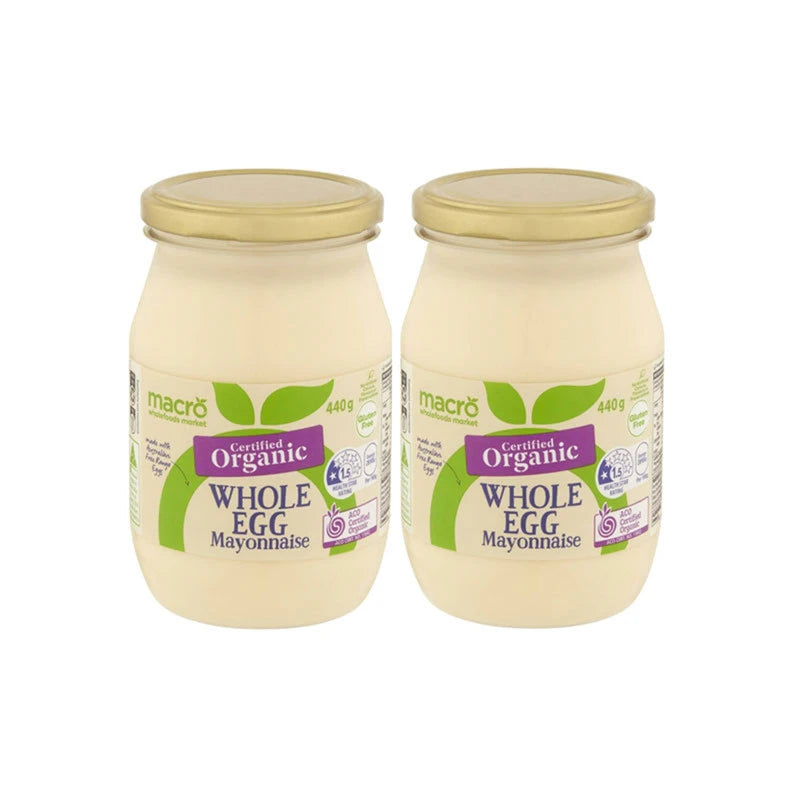 Woolworths Macro organic whole egg mayonnaise in two 440g bottles, featuring free-range organic eggs and sunflower oil