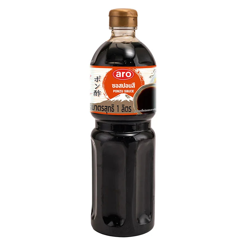 A 1-liter bottle of ARO Ponzu Sauce with a clear label, featuring a citrus and soy sauce blend for Asian cuisine.