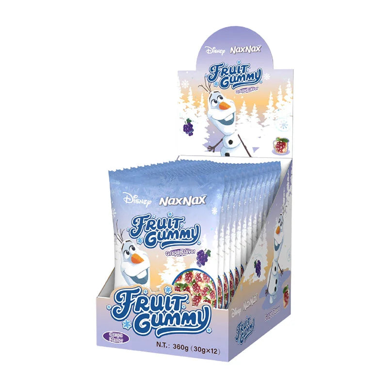 NAXNAX Fruity Gummy Grape pack with 12 colorful grape-flavored gummy bags, each 30 grams, arranged in a display.