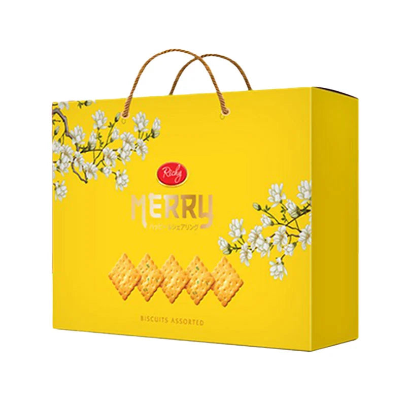 RICHY Merry assorted biscuit pack, 412g, featuring a variety of colorful cookies with different shapes and textures.