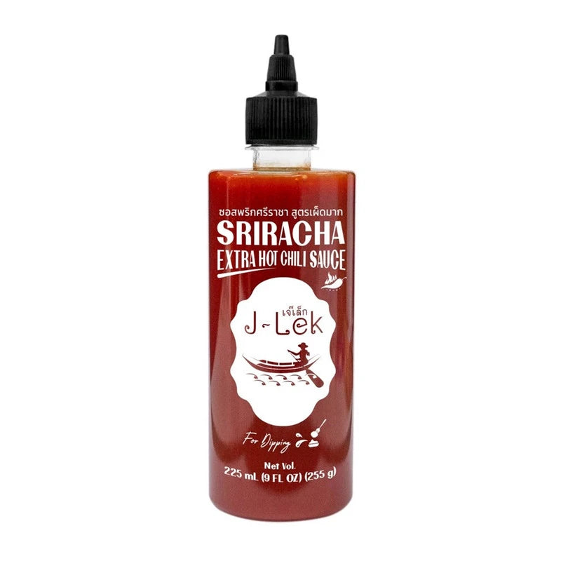J-LEK Sriracha Chili Sauce Extra Hot in 255g bottle with red chili peppers and spicy sauce visible.