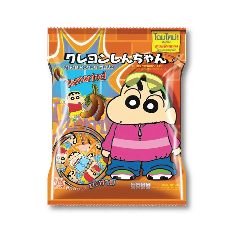 SHINCHAN Tamarind Candy 270g with 100 pieces showing bright, wrapped tamarind candies in colorful packaging.