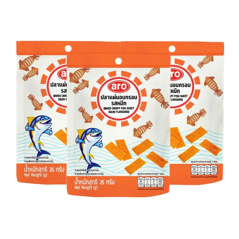 Pack of three ARO Baked Crispy Fish Sheets with squid flavor, showing golden-brown fish snacks in 25g portions.