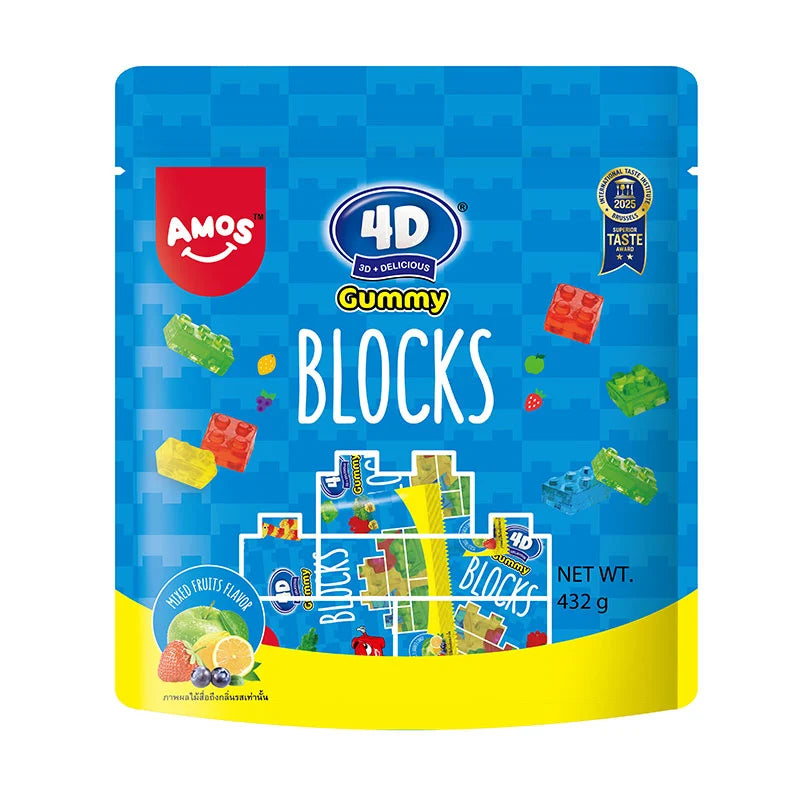 Colorful AMOS 4D Gummy Blocks set with 432 pieces, featuring bright, interlocking gummy-shaped blocks for creative play.